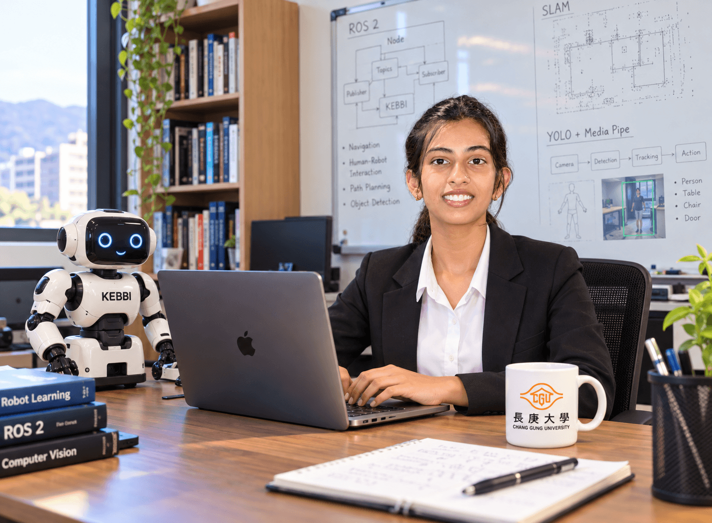 Shruti Jaiswal working on AI and robotics research beside a KEBBI robot